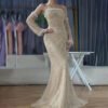 Strapless Prom Dresses Nude Arabic Beaded Evening Dress with Gloves